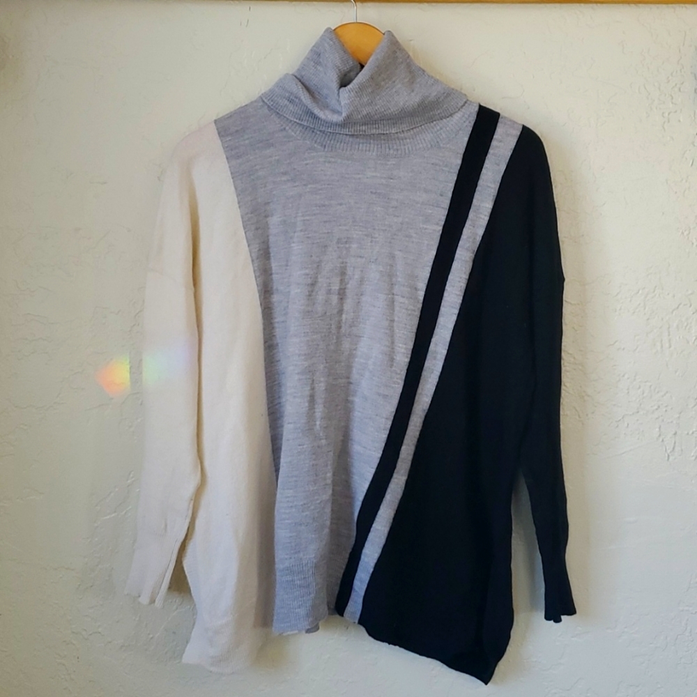 Max Studio Merino Wool Turtleneck Sweater, Black/Gray/White